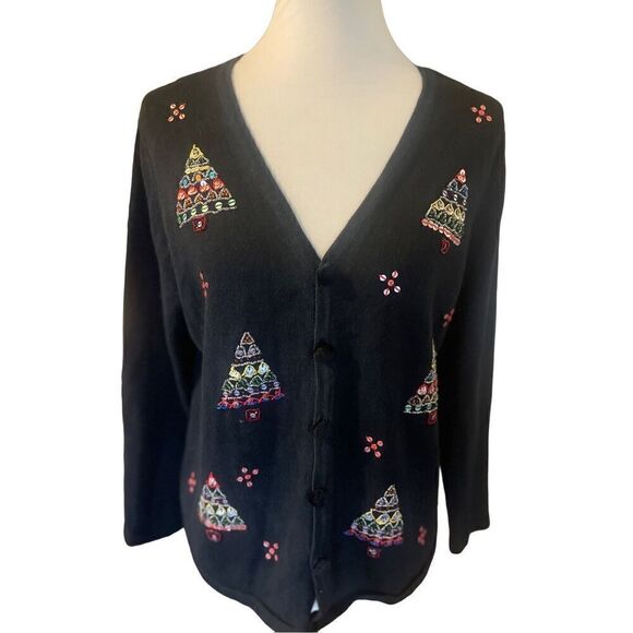 Mercer Street Studio Hand Embroidered Christmas Vintage Black Button Down Cardig - Picture 10 of 11